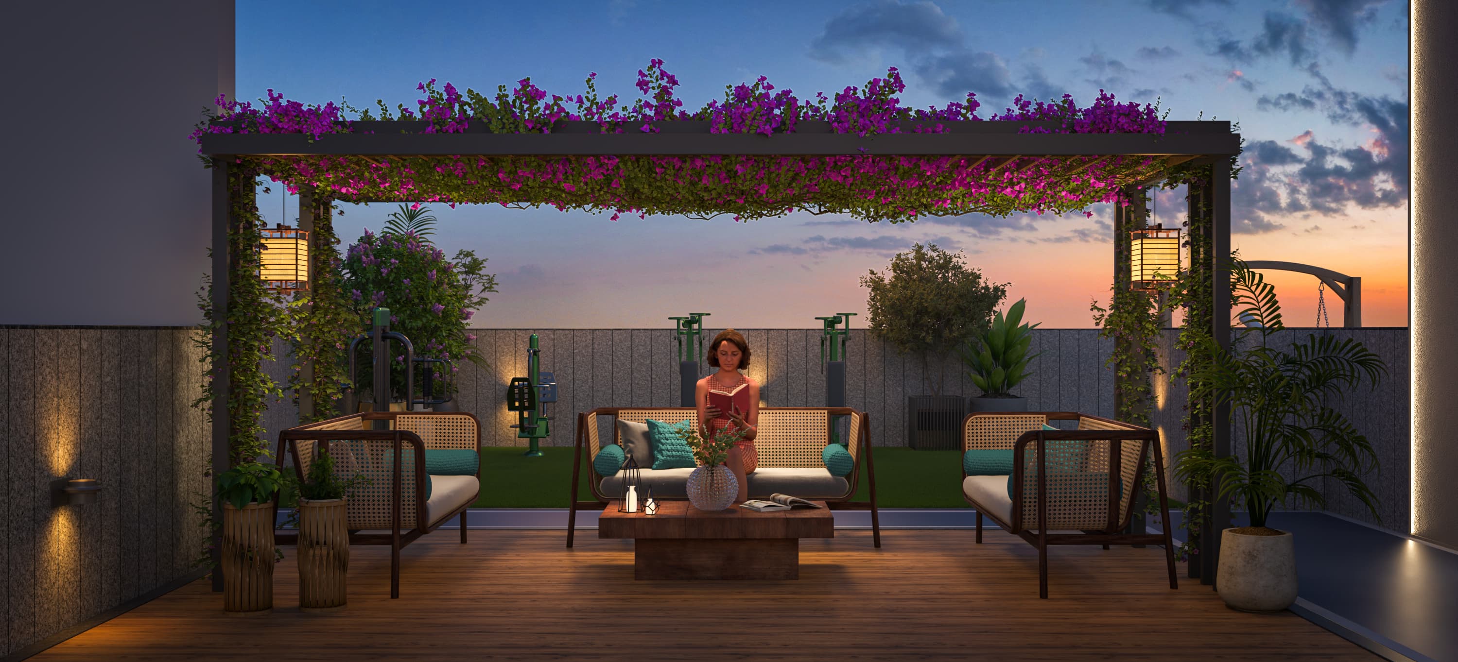 Terrace seating area at HUM Galaxy Heights